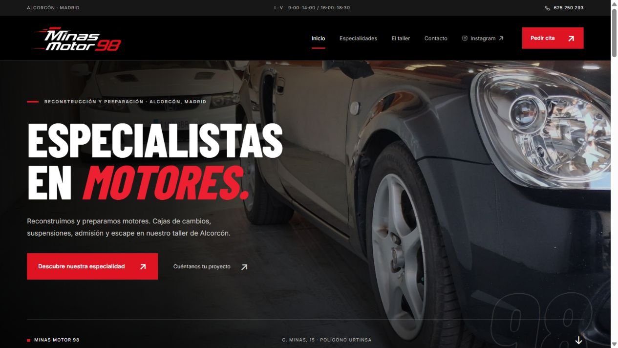 Portada de la web de Minas Motor 98, con fotografía del taller y su especialidad en motores